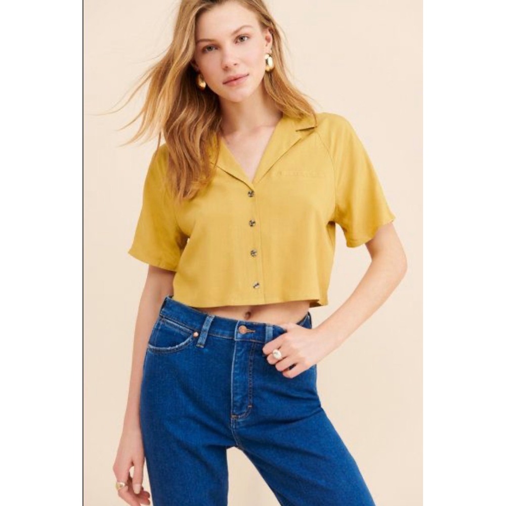 Urban Outfitters Mustard Yellow Cropped Button Up Blouse‎ Top Y2K Size S